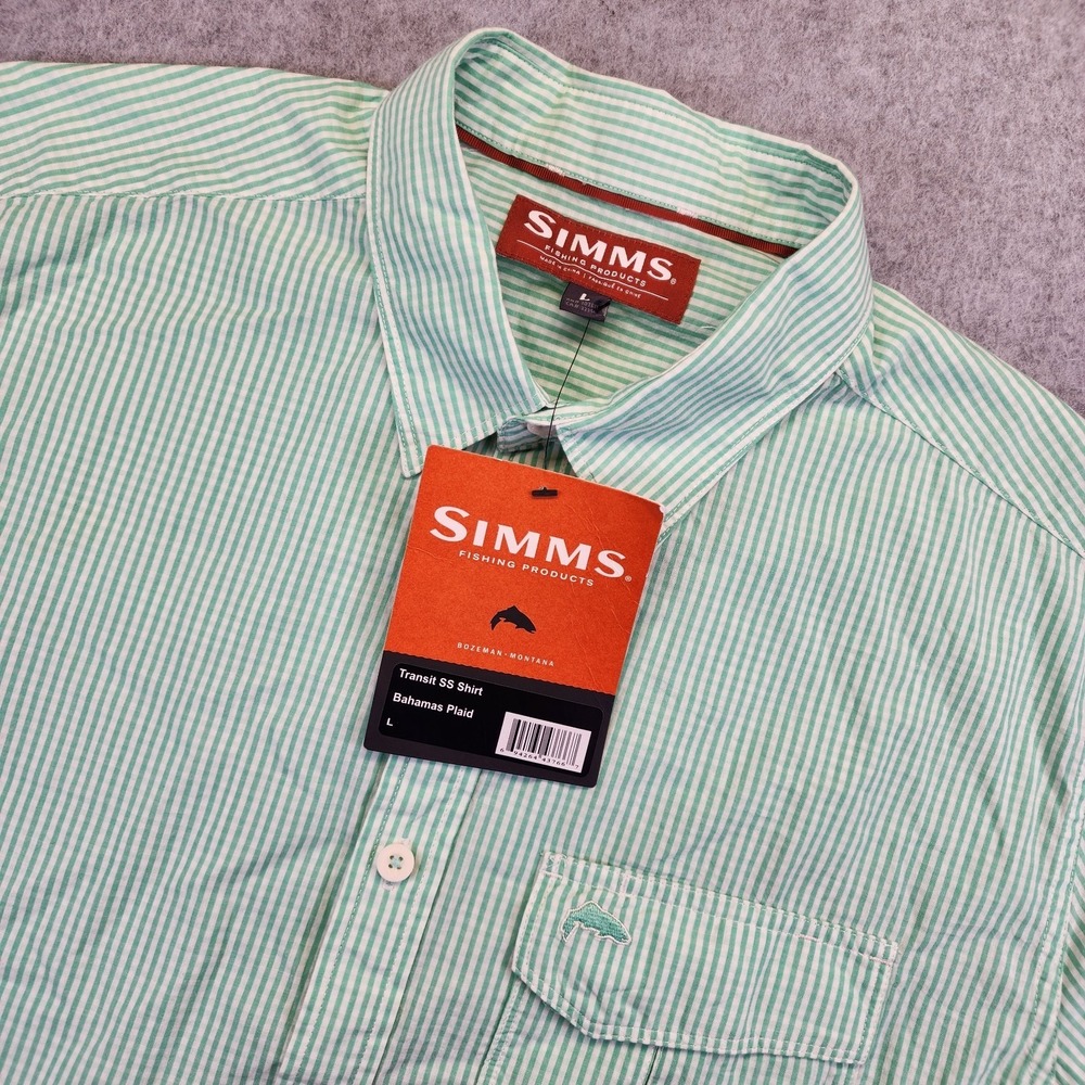 NEW Simms Fishing Short Sleeve Transit Button Shirt Mens L Green Bahama Plaid